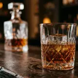 Szklanka z lodem i whisky na drewnianym blacie. W tle karafka, sugerująca różne rodzaje whisky.