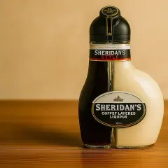 Dwukomorowa butelka likieru Sheridan's z ciemnym i jasnym płynem.