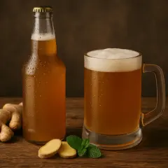 Orzeźwiające piwo gingers w butelce i kuflu, obok świeżego imbiru i mięty.