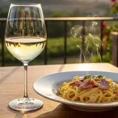 Aperitif na tarasie: parujący talerz spaghetti carbonara i kieliszek orzeźwiającego wina półwytrawnego na drewnianym stole.