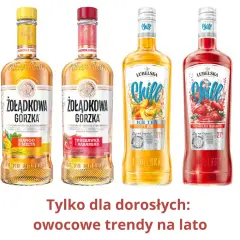 Żołądkowa Gorzka w smakach mango z miętą i truskawka z rabarbarem, obok Lubelska Chill Ice Tea Peach i Strawberry Margarita. Owocowe smaki na lato.