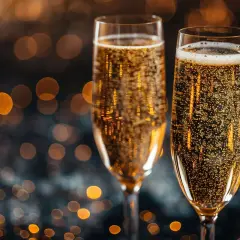 Dwa kieliszki musującego prosecco, które często mylone jest z szampanem, na tle rozmytych, złotych świateł.