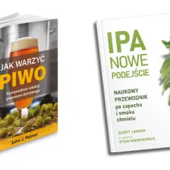 Dwie książki o warzeniu piwa: "Jak warzyć piwo" z kieliszkiem piwa i chmielem oraz "IPA nowe podejście" z chmielem.