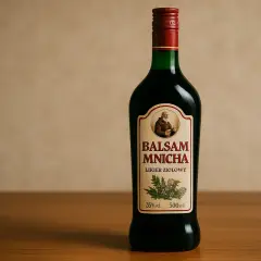 Butelka likieru ziołowego "Balsam Mnicha" z wizerunkiem mnicha i ziołami. W smaku wyczuwalna anyżówka.