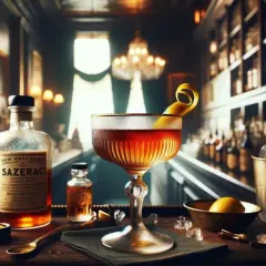 Elegancki Sazerac w kieliszku, obok butelka z etykietą "Sazerac", cytryna i lód. Klimatyczny bar w tle.