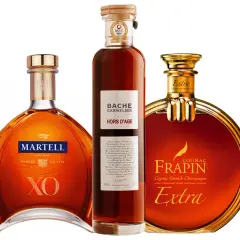 Trzy butelki wykwintnego trunku: Martell XO, Bache Gabrielsen Hors d'Age i Frapin Extra. Każdy z nich to dobry koniak, idealny na specjalne okazje.