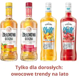 Żołądkowa Gorzka w smakach mango z miętą i truskawka z rabarbarem, obok Lubelska Chill Ice Tea Peach i Strawberry Margarita. Owocowe smaki na lato.