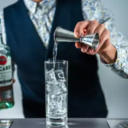 Barman nalewa rum z butelki Bacardi do szklanki z lodem, przygotowując drinka rum z colą.