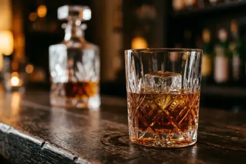 Szklanka z lodem i whisky na drewnianym blacie. W tle karafka, sugerująca różne rodzaje whisky.