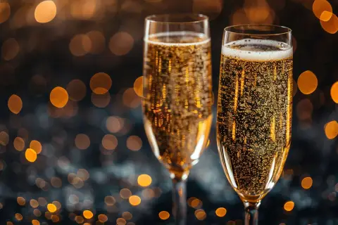 Dwa kieliszki musującego prosecco, które często mylone jest z szampanem, na tle rozmytych, złotych świateł.