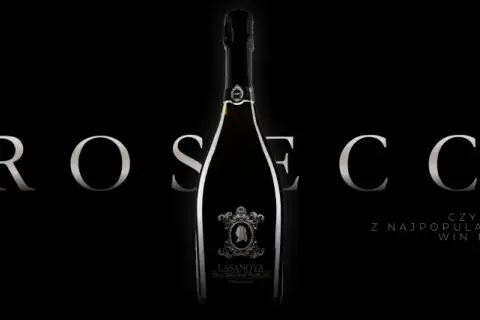 Butelka prosecco na czarnym tle z napisem "PROSECCO" i tekstem "czyli o jednym z najpopularniejszych win musujących".