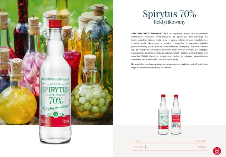 Butelka Spirytus 70% wśród kolorowych nalewek w szklanych naczyniach. Idealny do domowych wyrobów.