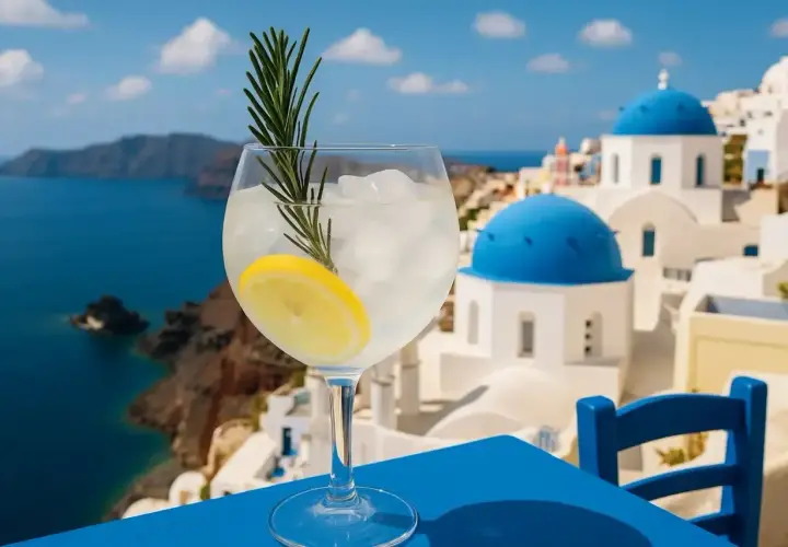 Orzeźwiający drink z cytryną i rozmarynem na tle greckiego akropolis. Idealny alkohol na wakacje.