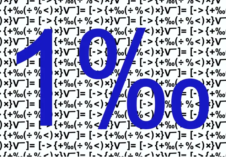 Duże niebieskie cyfry "1%" na tle wzoru matematycznego.