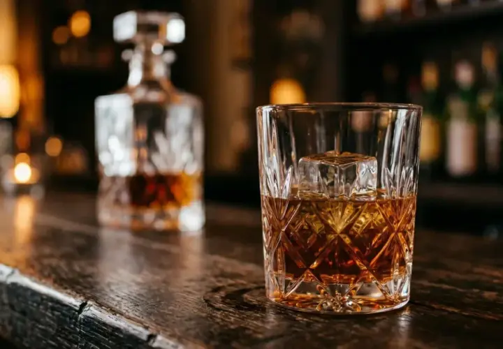 Szklanka z lodem i whisky na drewnianym blacie. W tle karafka, sugerująca różne rodzaje whisky.