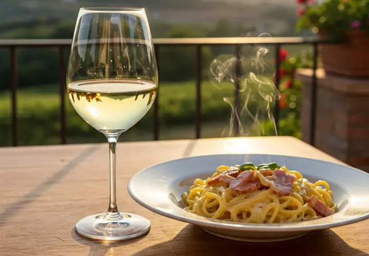 Aperitif na tarasie: parujący talerz spaghetti carbonara i kieliszek orzeźwiającego wina półwytrawnego na drewnianym stole.