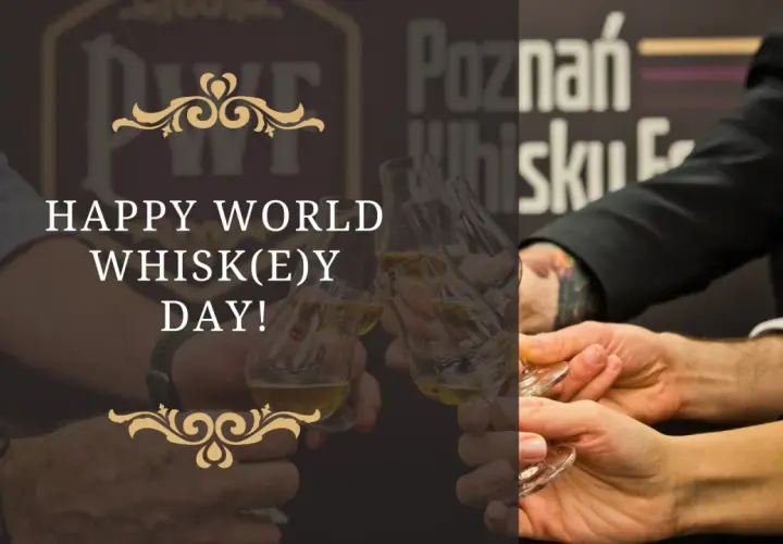 Wznosimy toasty za międzynarodowy dzień whisky! Kilka par rąk trzyma kieliszki z bursztynowym trunkiem.