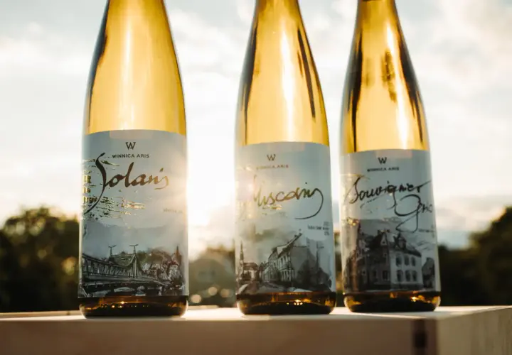 Trzy butelki białego wina Winnica Aris: Solaris, Muscat i Sauvignon Blanc, stojące na tle zachodzącego słońca.