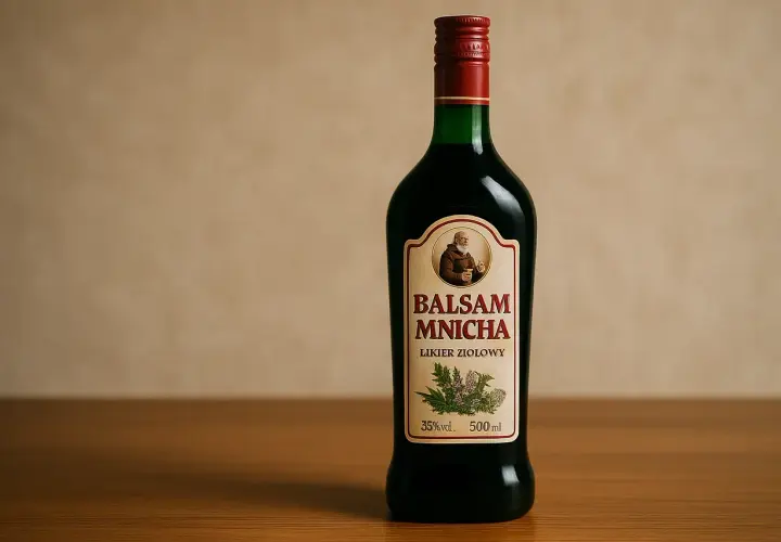 Butelka likieru ziołowego "Balsam Mnicha" z wizerunkiem mnicha i ziołami. W smaku wyczuwalna anyżówka.