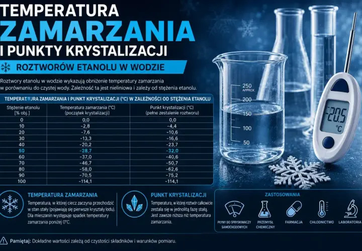 Tabela pokazuje, w jakiej temperaturze zamarza wódka (roztwór etanolu w wodzie) w zależności od stężenia. Np. 50% etanol zamarza przy -28,7°C.