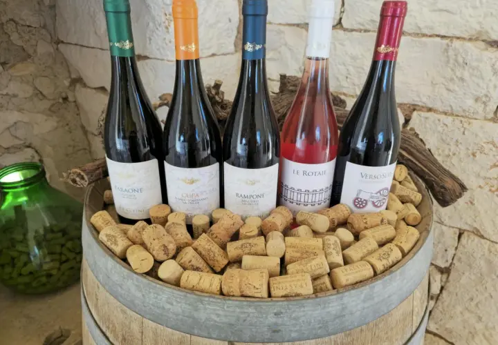Pięć butelek wina, w tym różowe, na beczce pełnej korków. Idealne na tanie wino i wieczorne degustacje.