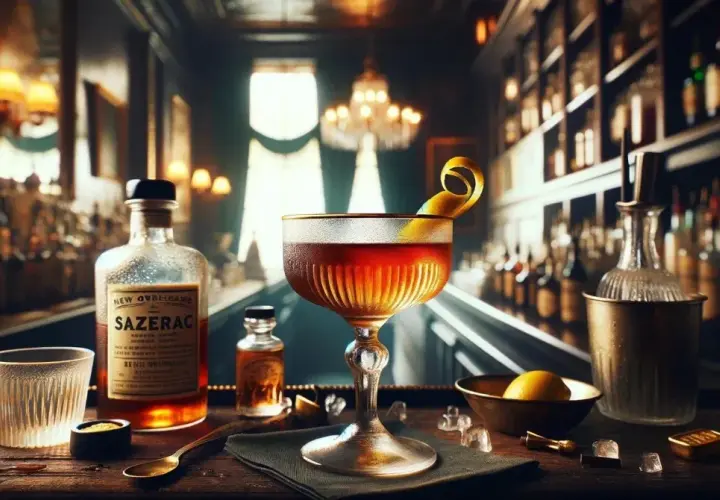 Elegancki Sazerac w kieliszku, obok butelka z etykietą "Sazerac", cytryna i lód. Klimatyczny bar w tle.
