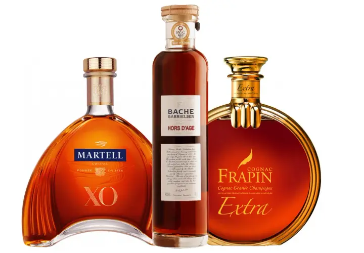 Trzy butelki wykwintnego trunku: Martell XO, Bache Gabrielsen Hors d'Age i Frapin Extra. Każdy z nich to dobry koniak, idealny na specjalne okazje.
