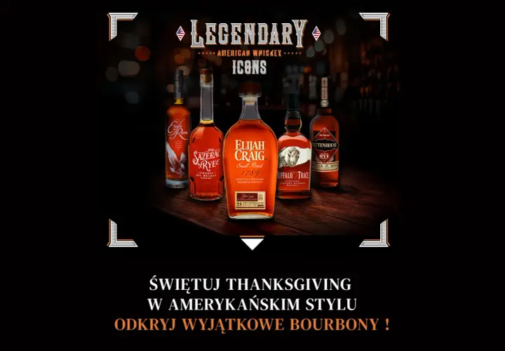 Butelki whiskey: Eagle Rare, Sazerac Rye, Elijah Craig, Buffalo Trace i Rittenhouse. Świętuj Thanksgiving w amerykańskim stylu.
