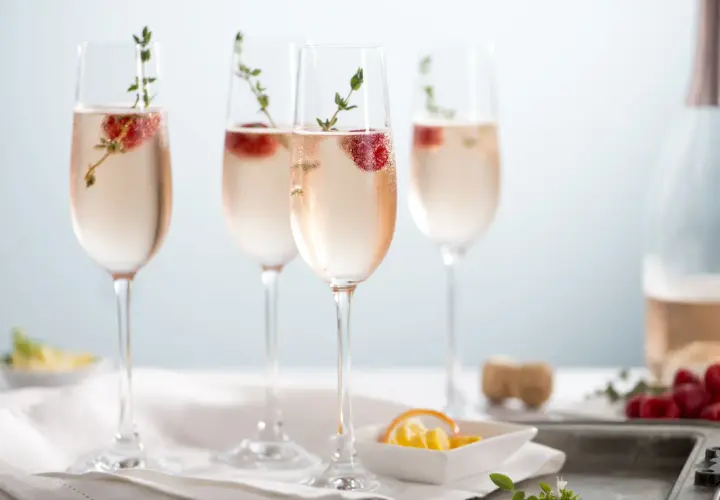 Cztery kieliszki orzeźwiającego prosecco rose z malinami i gałązkami tymianku, gotowe na toast.