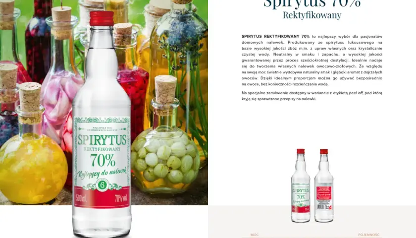 Butelka Spirytus 70% wśród kolorowych nalewek w szklanych naczyniach. Idealny do domowych wyrobów.