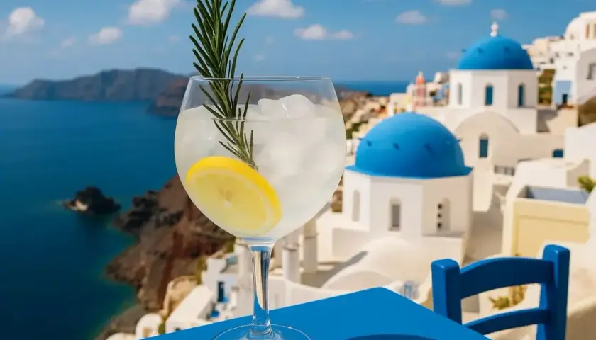 Orzeźwiający drink z cytryną i rozmarynem na tle greckiego akropolis. Idealny alkohol na wakacje.
