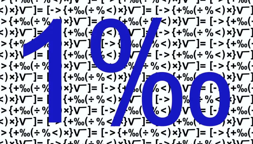 Duże niebieskie cyfry "1%" na tle wzoru matematycznego.