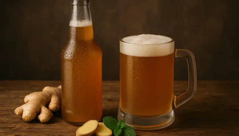 Orzeźwiające piwo gingers w butelce i kuflu, obok świeżego imbiru i mięty.