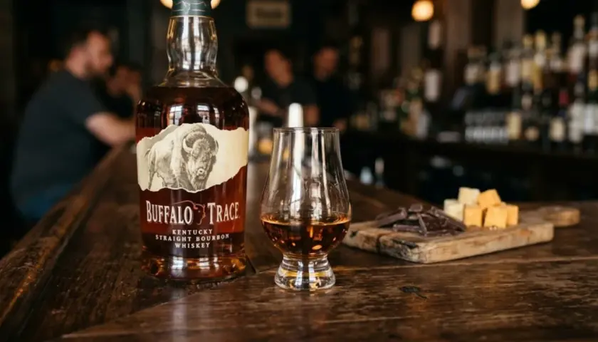Butelka burbona Buffalo Trace, kieliszek z bursztynowym płynem, kawałki czekolady i sera na drewnianej desce.