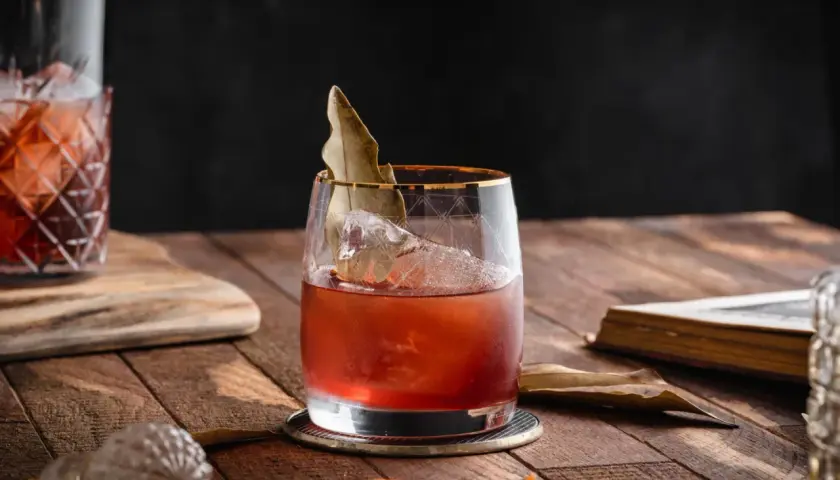 Elegancki koktajl, prawdopodobnie martini extra dry, z lodem i liściem laurowym, na drewnianym stole obok starej książki.