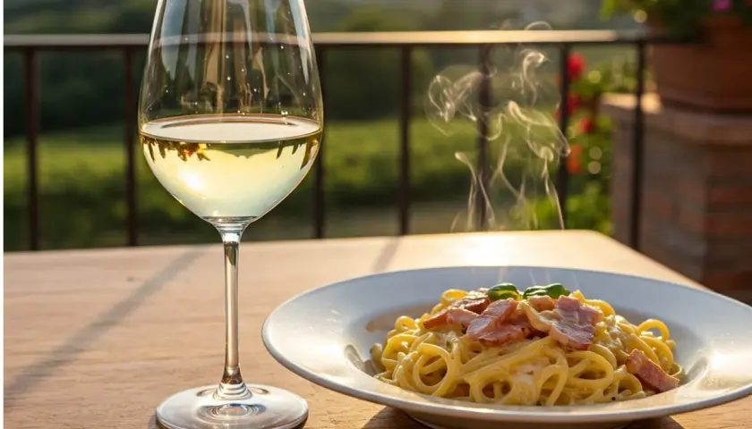 Aperitif na tarasie: parujący talerz spaghetti carbonara i kieliszek orzeźwiającego wina półwytrawnego na drewnianym stole.