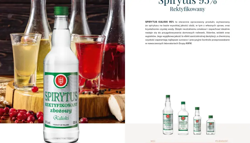 Duch puszczy w butelce: czysty spirytus zbożowy Kaliski 95%, idealny do nalewek i wypieków.