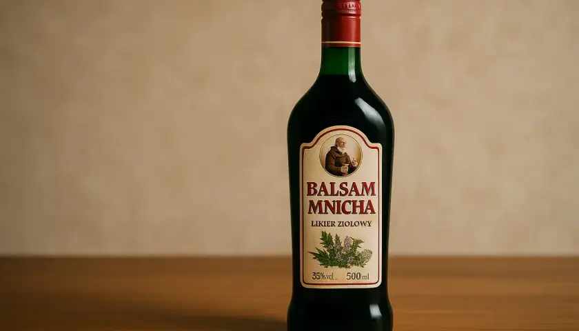 Butelka likieru ziołowego "Balsam Mnicha" z wizerunkiem mnicha i ziołami. W smaku wyczuwalna anyżówka.