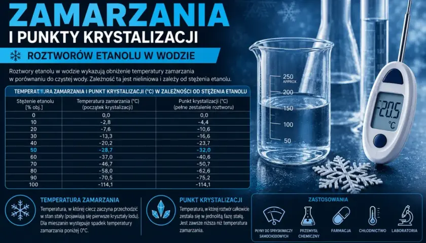 Tabela pokazuje, w jakiej temperaturze zamarza wódka (roztwór etanolu w wodzie) w zależności od stężenia. Np. 50% etanol zamarza przy -28,7°C.
