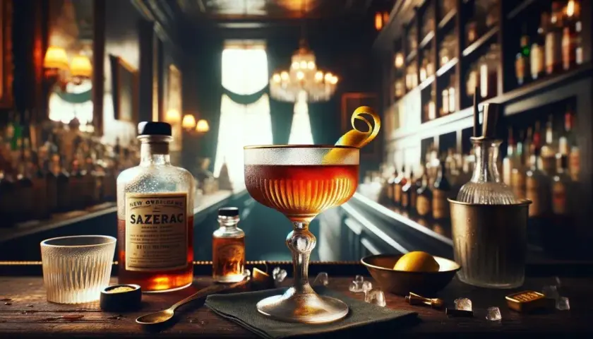 Elegancki Sazerac w kieliszku, obok butelka z etykietą "Sazerac", cytryna i lód. Klimatyczny bar w tle.