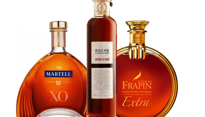 Trzy butelki wykwintnego trunku: Martell XO, Bache Gabrielsen Hors d'Age i Frapin Extra. Każdy z nich to dobry koniak, idealny na specjalne okazje.