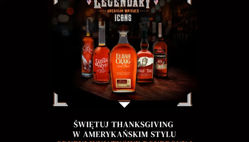 Butelki whiskey: Eagle Rare, Sazerac Rye, Elijah Craig, Buffalo Trace i Rittenhouse. Świętuj Thanksgiving w amerykańskim stylu.