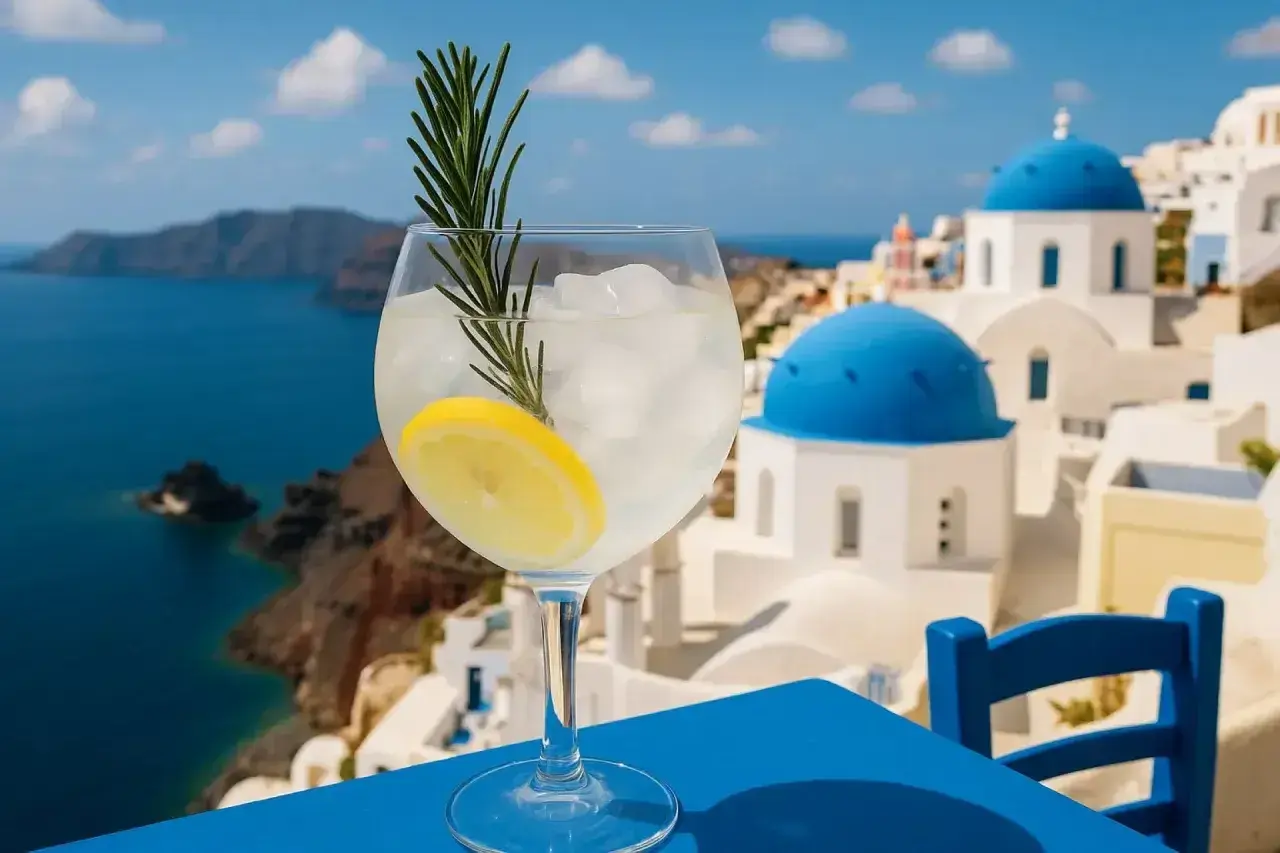 Orzeźwiający drink z cytryną i rozmarynem na tle greckiego akropolis. Idealny alkohol na wakacje.