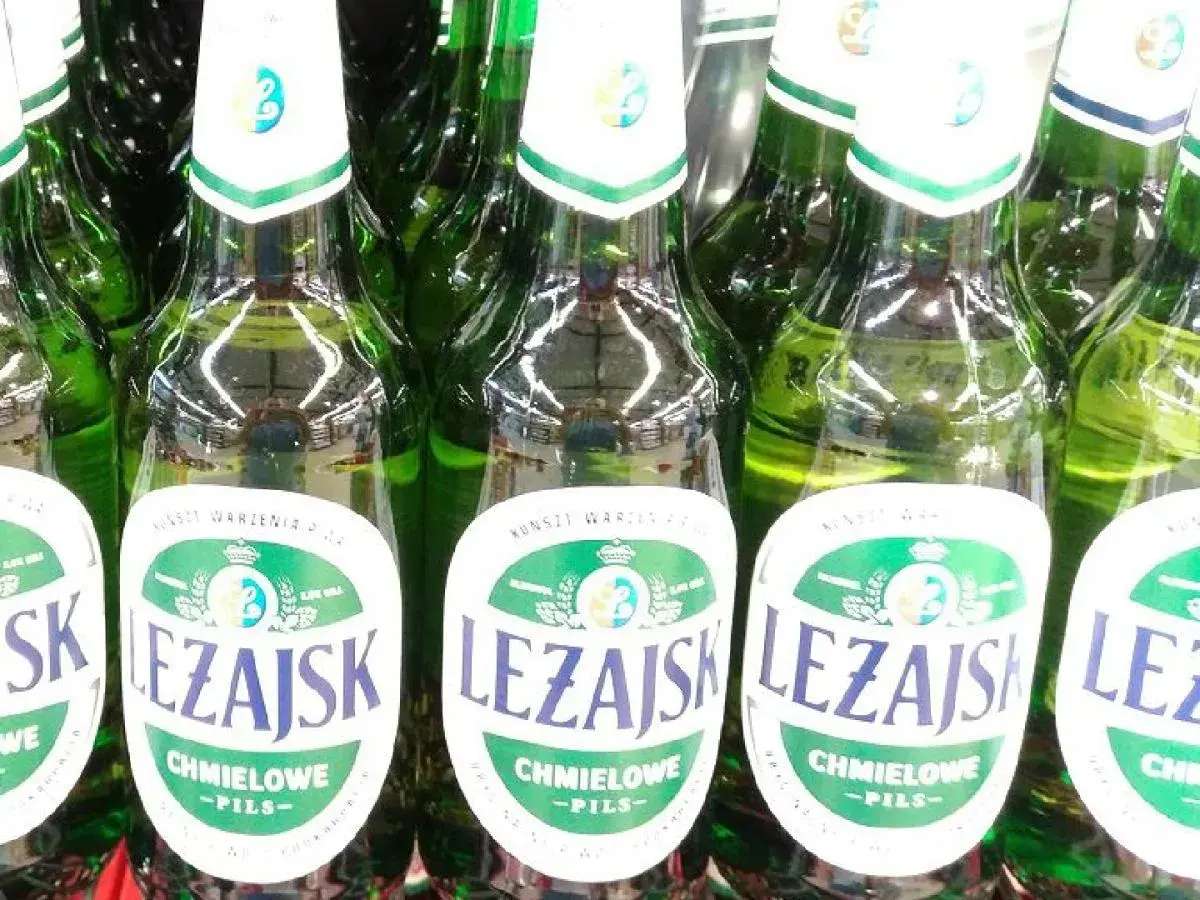 Rząd zielonych butelek piwa Leżajsk Chmielowe Pils. Idealne na letnie wieczory.