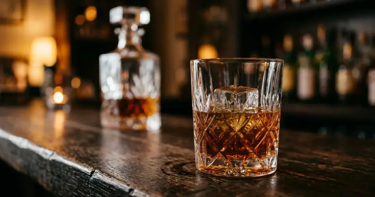 Szklanka z lodem i whisky na drewnianym blacie. W tle karafka, sugerująca różne rodzaje whisky.