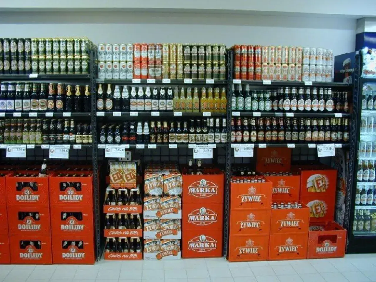 Półki sklepowe z piwem w butelkach i puszkach, w tym marki Warka, Żywiec i Dojlidy.