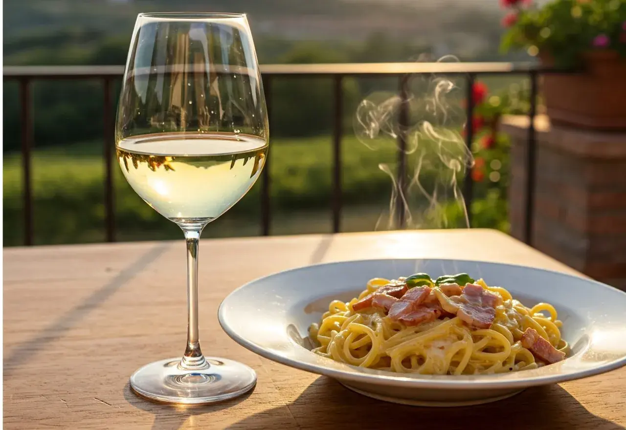 Aperitif na tarasie: parujący talerz spaghetti carbonara i kieliszek orzeźwiającego wina półwytrawnego na drewnianym stole.