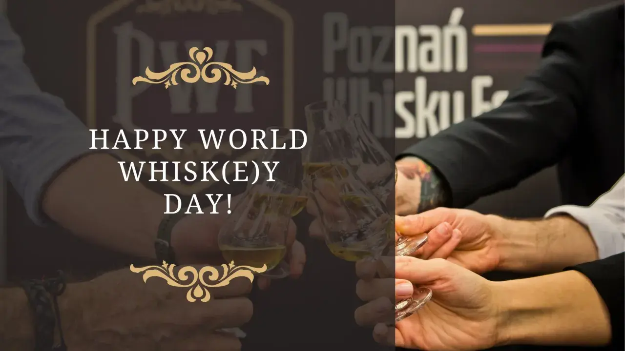 Wznosimy toasty za międzynarodowy dzień whisky! Kilka par rąk trzyma kieliszki z bursztynowym trunkiem.