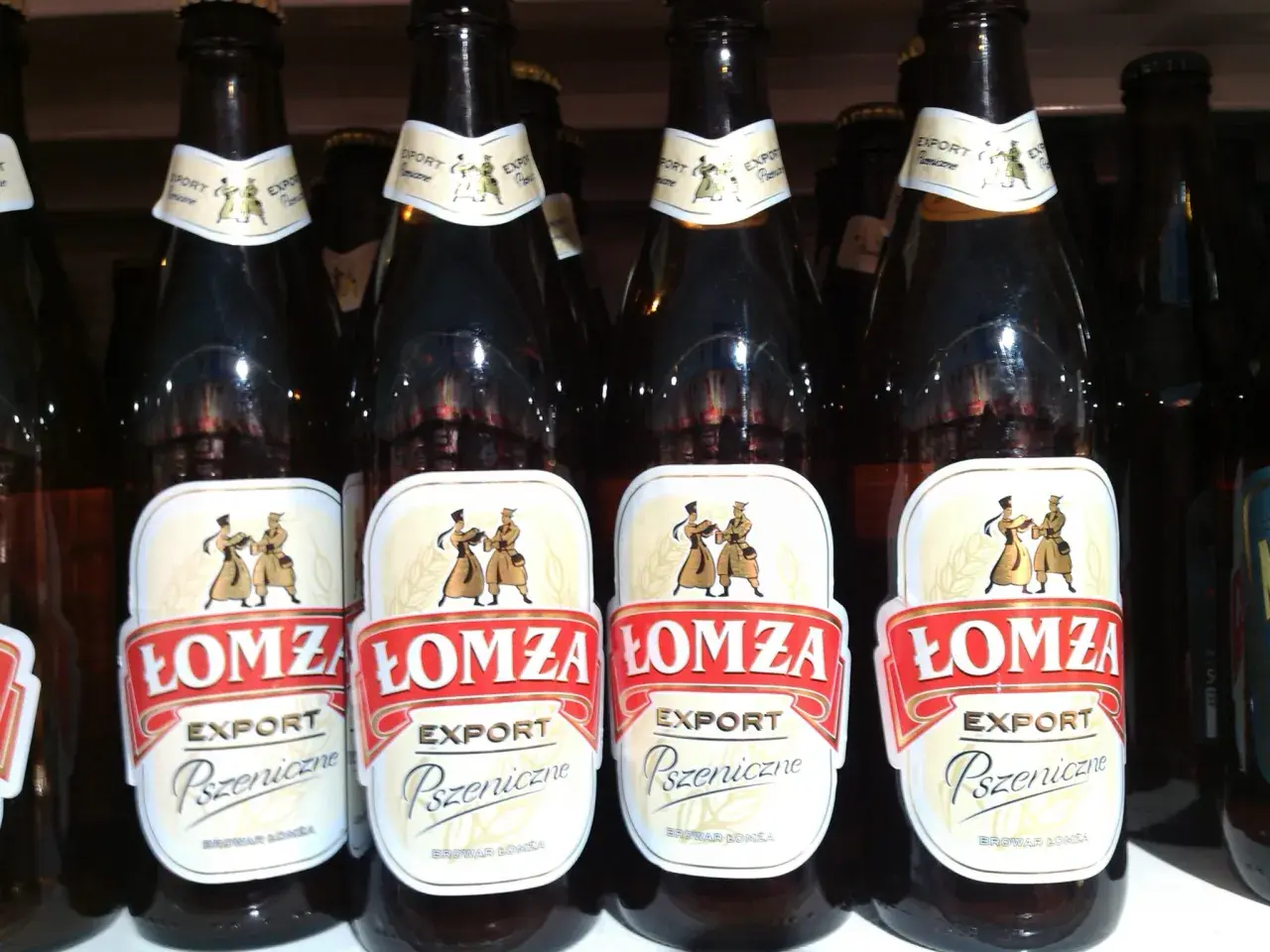 Rząd butelek piwa Łomża Export Pszeniczne. Etykiety ozdobione postaciami w strojach ludowych.