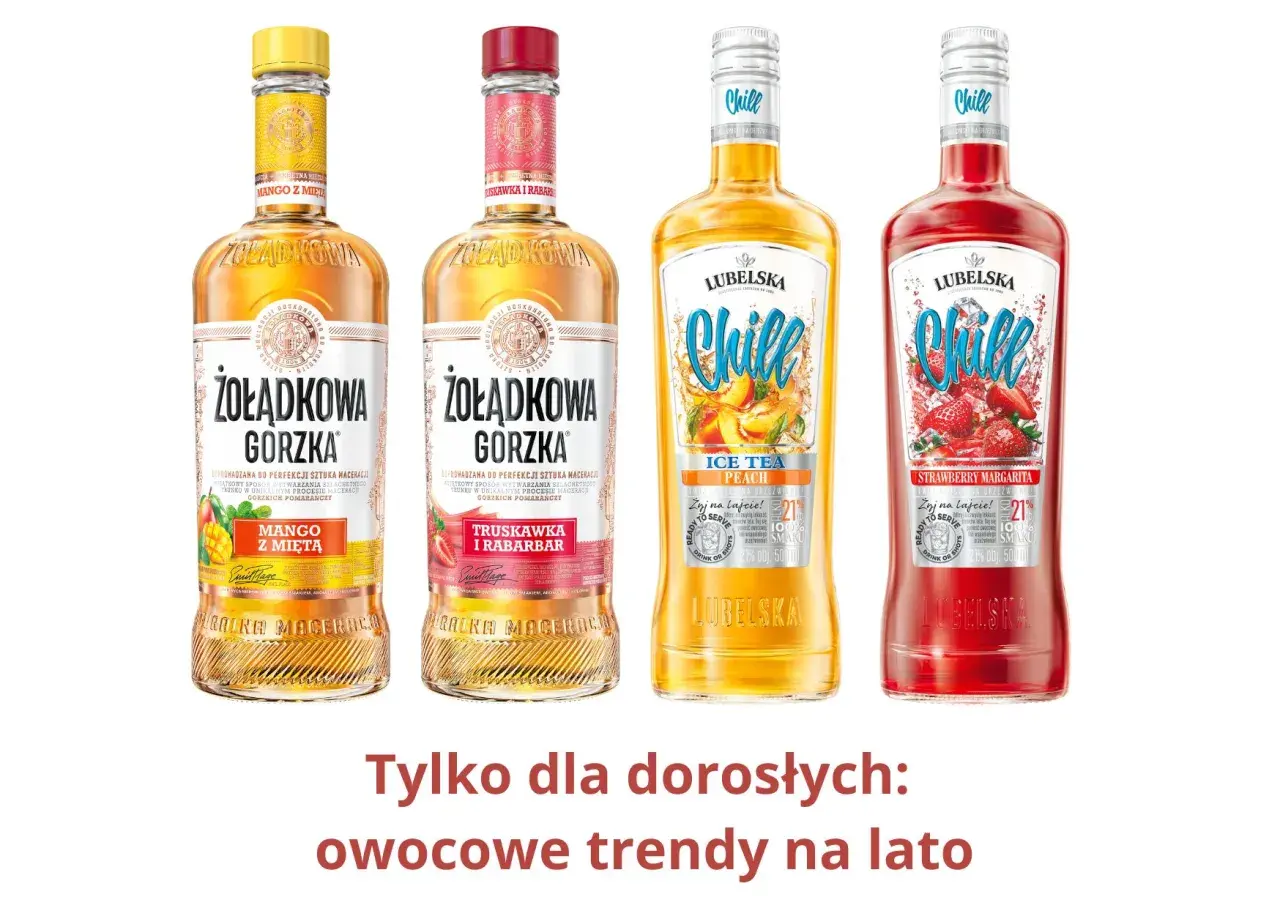 Żołądkowa Gorzka w smakach mango z miętą i truskawka z rabarbarem, obok Lubelska Chill Ice Tea Peach i Strawberry Margarita. Owocowe smaki na lato.